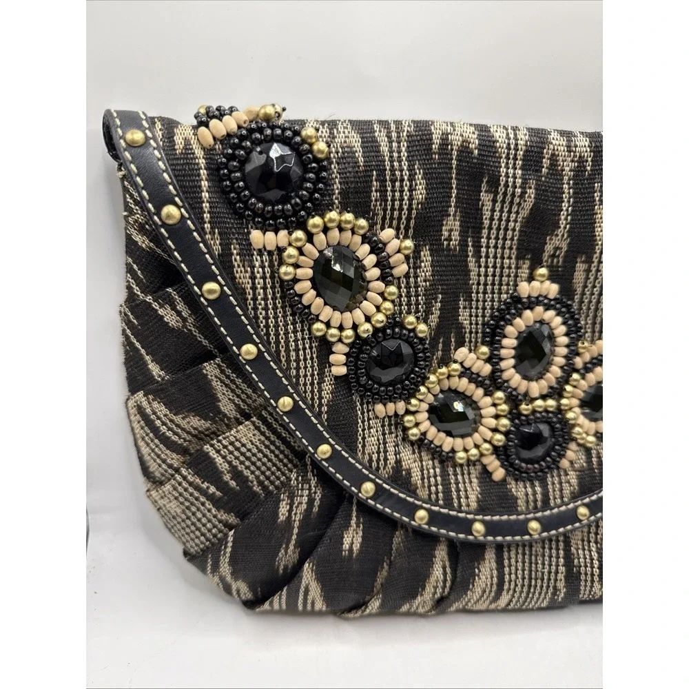 Rafe Large Beaded Clutch Handbag Leather Stones 12x9 Chain Strap‎